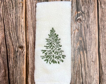 Winter Christmas Tree Embroidered Bath hand towel #1, Winter Hoilday tree Hand Towel, Guest Bathroom Towel, Embroidered, customize, Green