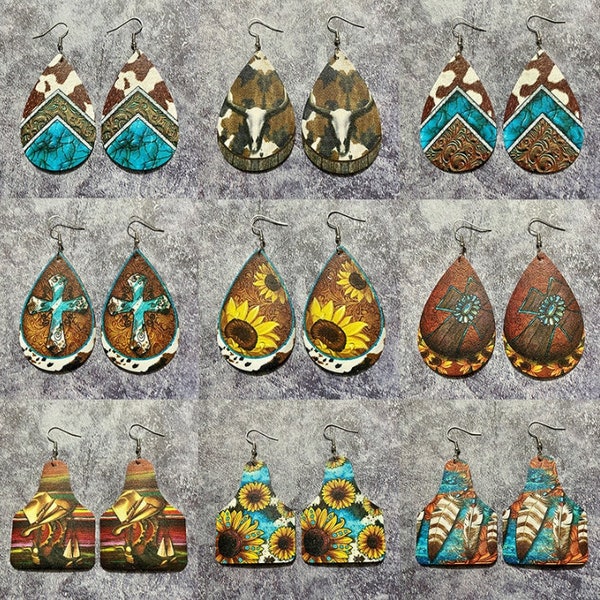 Western Jewelry Sunflower Turquoise Stones Cross Feather Cow Heard Faux Leather Dangle Drop Earrings for Cowgirl Gift