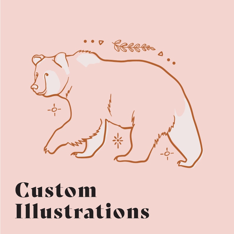Puede incluir: Un dibujo de l&iacute;nea de un oso marr&oacute;n caminando sobre un fondo rosa. El oso est&aacute; delineado en marr&oacute;n y tiene acentos blancos. El texto "Custom Illustrations" est&aacute; en la parte inferior de la imagen.