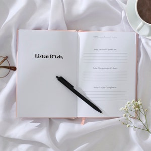 May include: Open pink journal with the text "Listen B*tch," on the left page. The right page has a date section and three lines with the text "Today, I'm so damn grateful for...", "Today, I'll stop giving a sh*t about...", and "Today, I'll try my f*cking best to..."