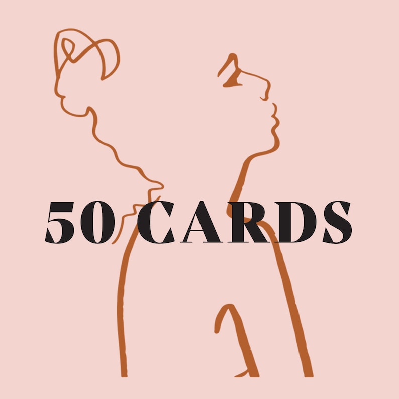 Puede incluir: Un dibujo de l&iacute;nea de un rostro de perfil, con un contorno marr&oacute;n sobre un fondo rosa claro. El texto "50 CARDS" est&aacute; debajo del dibujo.