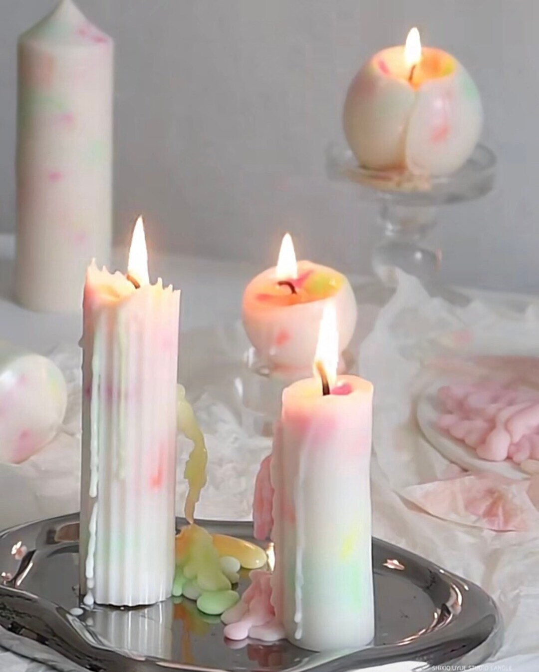 Customizable Pillar Candle, Multicolor Drip Candle, Pastel Candle
