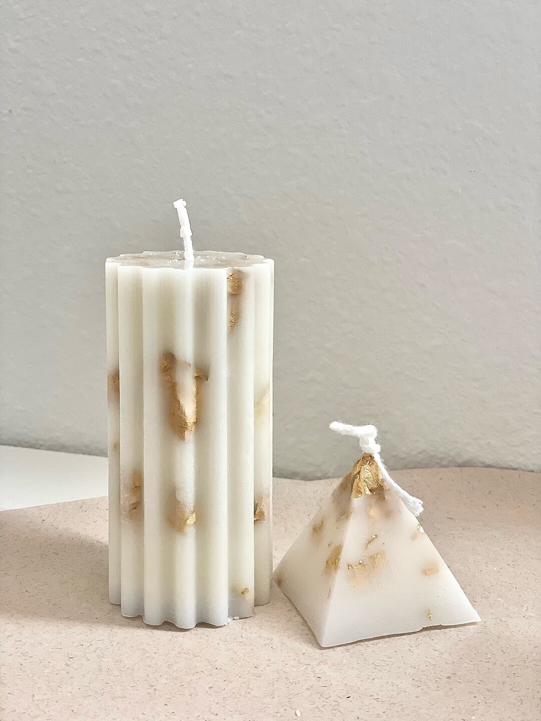 White Pillar Candle With Gold Foil, Home Decor Candle, Wedding Candle