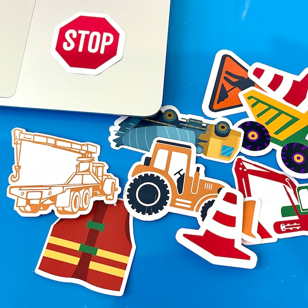 Laminated Holographic, Construction Stickers, Minimalist: Excavator, Dump Truck, Bulldozer Tractor,  Stop Sign, Sign and Objects