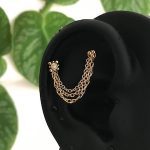 14k Solid Yellow Gold - Body Piercing Jewellery - Cartilage Helix Industrial Conch Piercing Ear Chain - Three tier - 18g 16g
