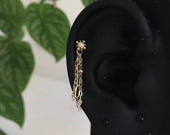 14k Solid Yellow Gold - Body Piercing Jewellery - Tassel Chain Charm - Cartilage Helix Industrial Conch Piercing Ear Dangle Chain - 18g 16g