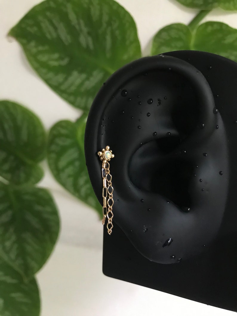 14k Solid Yellow Gold Body Piercing Jewellery Tassel Chain Charm Cartilage Helix Industrial