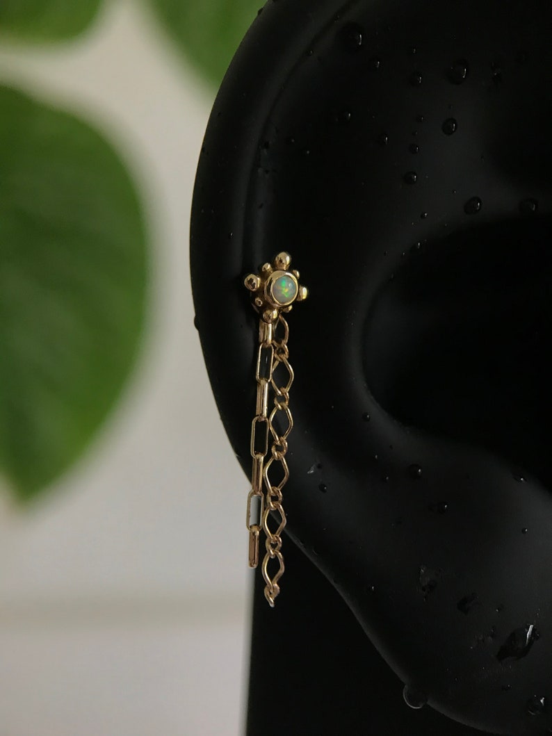 14k Solid Yellow Gold Body Piercing Jewellery Tassel Chain Charm Cartilage Helix Industrial