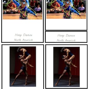 Puede incluir: Dos imágenes de una persona realizando una danza con aros. La persona lleva un traje azul y amarillo y utiliza varios aros. La imagen está sobre un fondo de personas viendo la actuación. El texto debajo de la imagen dice "Hoop Dance North America". Dos imágenes de una pareja realizando un ballet. El hombre sostiene a la mujer en el aire. La imagen está sobre un fondo de cortina roja. El texto debajo de la imagen dice "Ballet Italy".