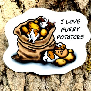 May include: A brown burlap sack filled with guinea pigs and potatoes. The text "I love furry potatoes" is printed on a white background.
