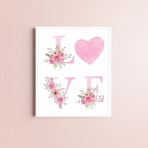 LOVE Print with Flowers, LOVE with Heart, Watercolor Love Print, Nursery Decor, Love Printable Art, Love Print Pink, Soft Pink Heat Love Art
