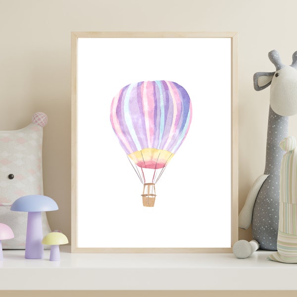 Purple Hot Air Balloon, Whimsical Nursery Art, Purple Watercolor Nursery Art, Watercolor Nursery Printable, Nursery Printable Simple Art