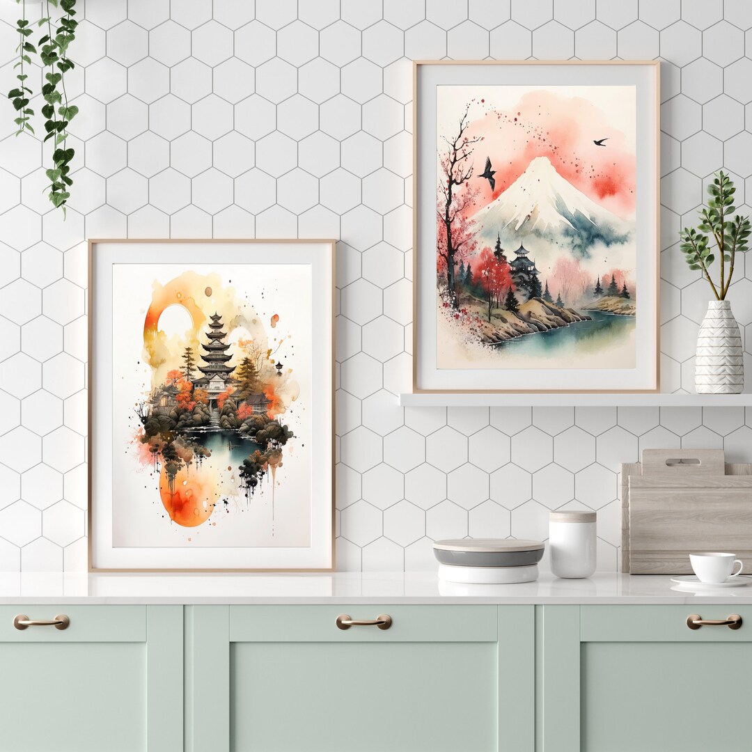 Japandi Wall Art Watercolor Mountains Two Piece Wall Art Japandi Wall
