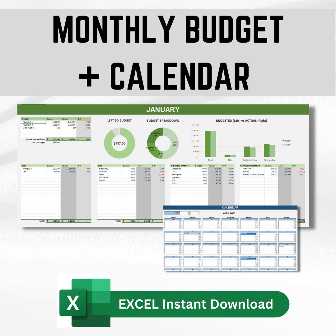 Excel Monthly Budget Planner With Calendar (digital Download) - Etsy