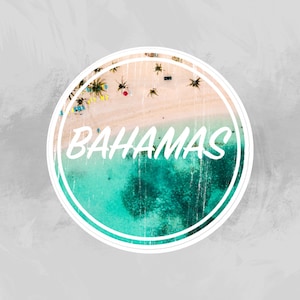 May include: A white circle with the word "Bahamas" in white text on a turquoise and blue background. The background shows an aerial view of a beach with palm trees and turquoise water.