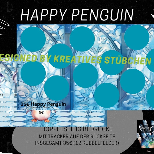 Sparchallenges „HAPPY PENGUIN“ zum Rubbeln für A6 Binder, Spaß am Sparen, Umschlagmethode