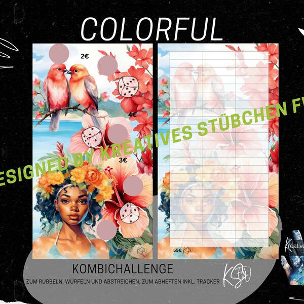 Kombi Sparchallenge „COLORFUL“  für A6 Binder, Spaß am Sparen, Umschlagmethode