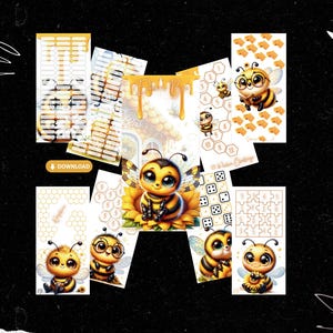 Può includere: Un set di fogli di attività stampabili a tema ape per bambini. I fogli presentano un'ape di cartone animato carina con occhi grandi e un girasole. I fogli includono un labirinto a nido d'ape, un'attività di conteggio dei numeri, un gioco dadi e un puzzle.