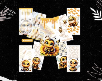 May include: A set of printable bee-themed activity sheets for children. The sheets feature a cute cartoon bee with big eyes and a sunflower. The sheets include a honeycomb maze, a number counting activity, a dice game, and a jigsaw puzzle.