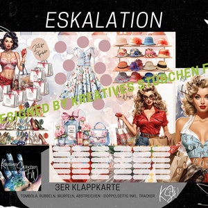 Klappkarte „ESKALATION" mit Losen, zum Rubbeln, zum Würfeln und Abstreichen, für A6 Binder, Spaß am Sparen, Umschlagmethode