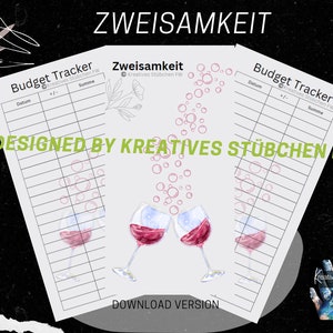 Könnte beinhalten: Zwei druckbare Budget-Tracker-Seiten mit einem Aquarell-Design von Weingläsern und Blasen. Der Text "Zweisamkeit" und "Kreatives Stübchen FW" befindet sich auf der Seite.