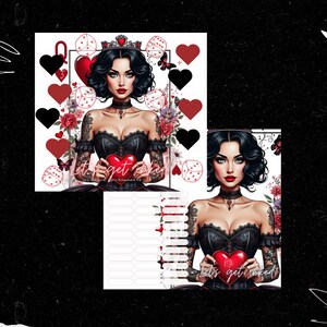 Könnte beinhalten: Eine digitale Planerseite mit einer Schwarzweißillustration einer Frau mit schwarzen Haaren und einer Krone, die ein rotes Herz hält. Der Text "Let's get wicked" steht auf der Seite. Die Seite ist mit roten Herzen, schwarzen Herzen und Spielkartensymbolen verziert.