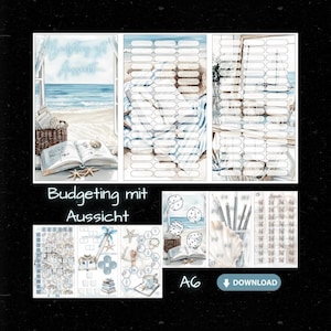 Peut inclure: Planche d'autocollants pour planificateur sur le thème de la plage, avec des illustrations de coquillages, de livres et d'une fenêtre donnant sur l'océan. Le texte "Budgeting mit Aussicht" et "A6" sont visibles. Comprend un bouton de téléchargement.