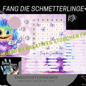 Könnte beinhalten: Ein lila-blaues Monster mit rosa Hintergrund und einem Netz in der Hand. Das Monster fängt Schmetterlinge. Der Text "Fang die Schmetterlinge" ist in Deutsch geschrieben. Der Text "Bingo/Schiffeversenken" ist in Deutsch geschrieben. Der Text "Rubbeln, Würfeln - Doppelseitig inkl. Tracker" ist in Deutsch geschrieben.