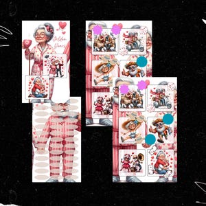 Könnte beinhalten: Ein Satz bedruckbarer Aufkleber mit Illustrationen von älteren Paaren in verschiedenen Aktivitäten, darunter Händchenhalten, Rollerfahren, Musikmachen und Selfies machen. Die Aufkleber sind für Scrapbooking, Kartenherstellung und andere Bastelprojekte konzipiert. Der Text "Golden Years" ist auf einem der Aufkleber abgebildet.
