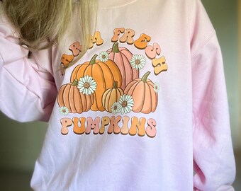 Pumpkins Sweatshirt, Retro, Pink Fall Sweater, Womens Shirt, Trendy, Women’s Fall Sweater, Flowers, Cute Sweater, Spooky Season Shirt,