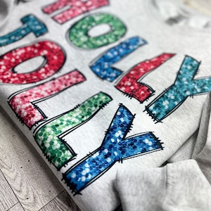 Holly Jolly Crewneck, Women’s sweater, Holiday sweater, Merry & Bright, Christmas light sleeves, Christmas Sweatshirt, Faux Sequin Sweater