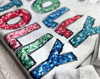 Holly Jolly Crewneck, Women’s sweater, Holiday sweater, Merry & Bright, Christmas light sleeves, Christmas Sweatshirt, Faux Sequin Sweater