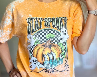 Stay Spooky Bleached Shirt, Ghost Shirt Bleached Tshirt, Spooky Season, Pumpkin Shirt, Checkered Print Shirt, Trendy, Gift, Halloween