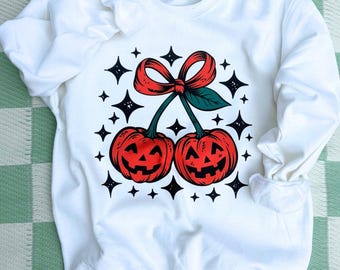Pumpkin Cherries Sweater, Fall Sweater, Pumpkin, Autumn Vibes, Pumpkin Coquette Bow Sweater, Halloween, Women’s Shirt