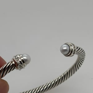 David Yurman Sterling Silver Pearls & Diamonds 5mm Cable Cuff Bracelet Size Medium