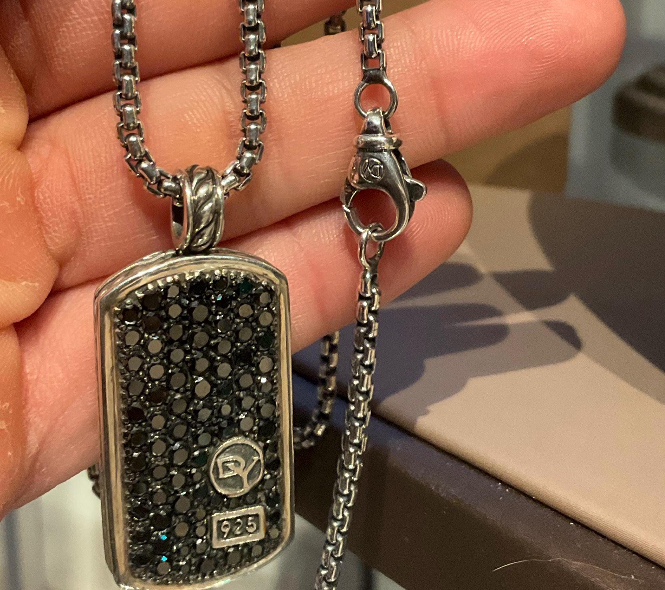 David Yurman Sterling Silver Pavé Black Diamond Dog Tag Necklace