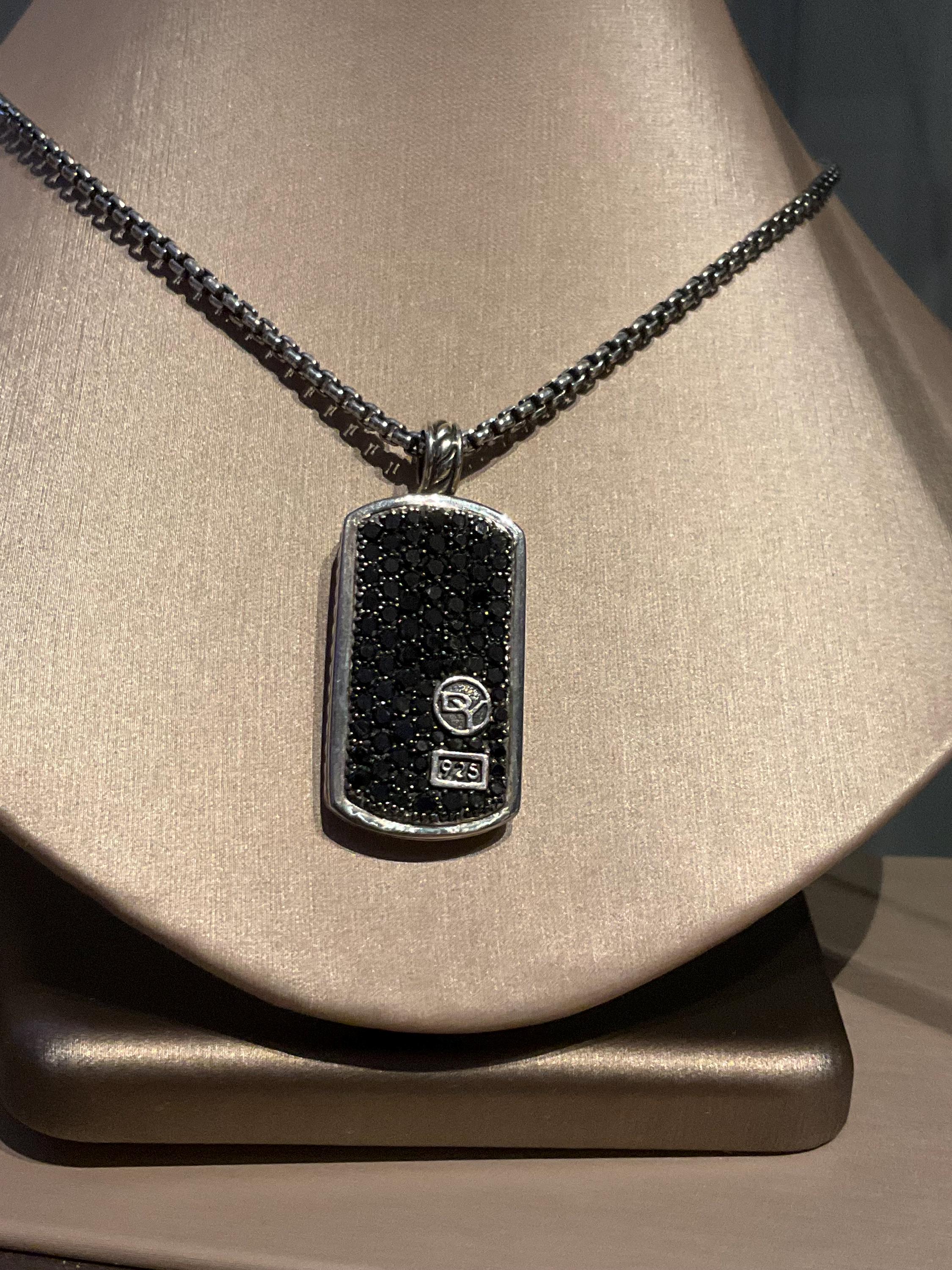 David Yurman Sterling Silver Pavé Black Diamond Dog Tag Necklace