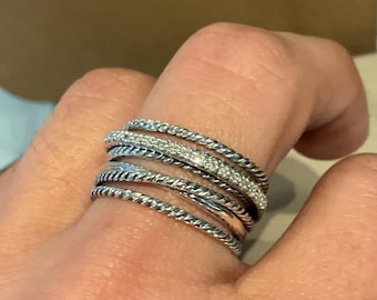 Anillo cruzado de plata de ley 925 de David Yurman con diamantes, talla 9