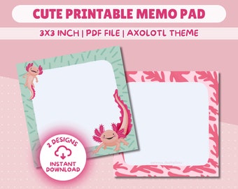 Cute Printable Memo Pad, Pink Axolotls, letter size PDF, digital file, Printable Stationery, Memo Sheets, Journal Sheet, Colorful Stationery