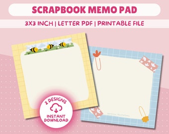 Printable Scrapbook Memo Pad, pastel blue and yellow, letter PDF, digital file, Printable Stationery, Journal Sheet, Cute washi tape design