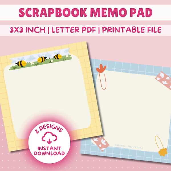 Printable Scrapbook Memo Pad, pastel blue and yellow, letter PDF, digital file, Printable Stationery, Journal Sheet, Cute washi tape design