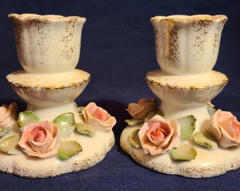 Vintage LEFTON Hand Painted China Candlestick Holders (Pair)