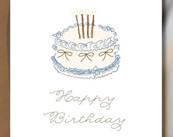 Vintage Cake Birthday Card | Minimalist Greeting, Bows (Digital Download)