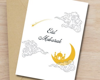 Eid Mubarak Greeting Card | Islamic Card, Eid Card, Eid Gift, Ramadan Card, Eid Al-Fitr, Eid Al-Adha, Crescent Moon, Stars, Minimalist Eid