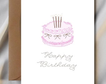 Cute Printable Birthday Card | Minimalist, Vintage Cake, Bows, Greeting Card, Digital, Simple, Cursive, Simple Birthday Card, Girly Birthday