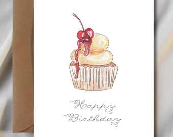 Cute Girly Cupcake Birthday Card | Minimalist, Cherry, Cake, Printable Birthday, Happy Birthday, Frosting, Watercolor, Girly Birthday