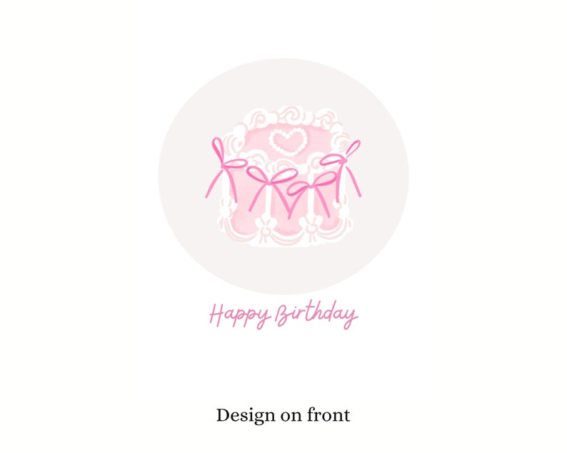 May include: A pink and white cake with a heart design and pink bows. The text "Happy Birthday" is written below the cake.