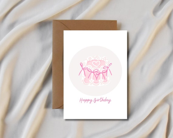 Cute Girly Birthday Card | Happy Birthday Card, Printable, Digital Greeting Card, Minimalist, For Her, Bows, Ribbons, Cake with Bows, Pink