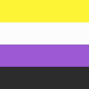 May include: A horizontal flag with four stripes. The top stripe is yellow, the second stripe is white, the third stripe is purple, and the bottom stripe is black.