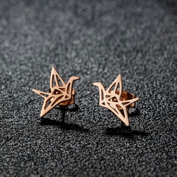 Dainty Rose Gold Paper Crane Origami Earrings | Creative Studs | Unique Gift Ideas